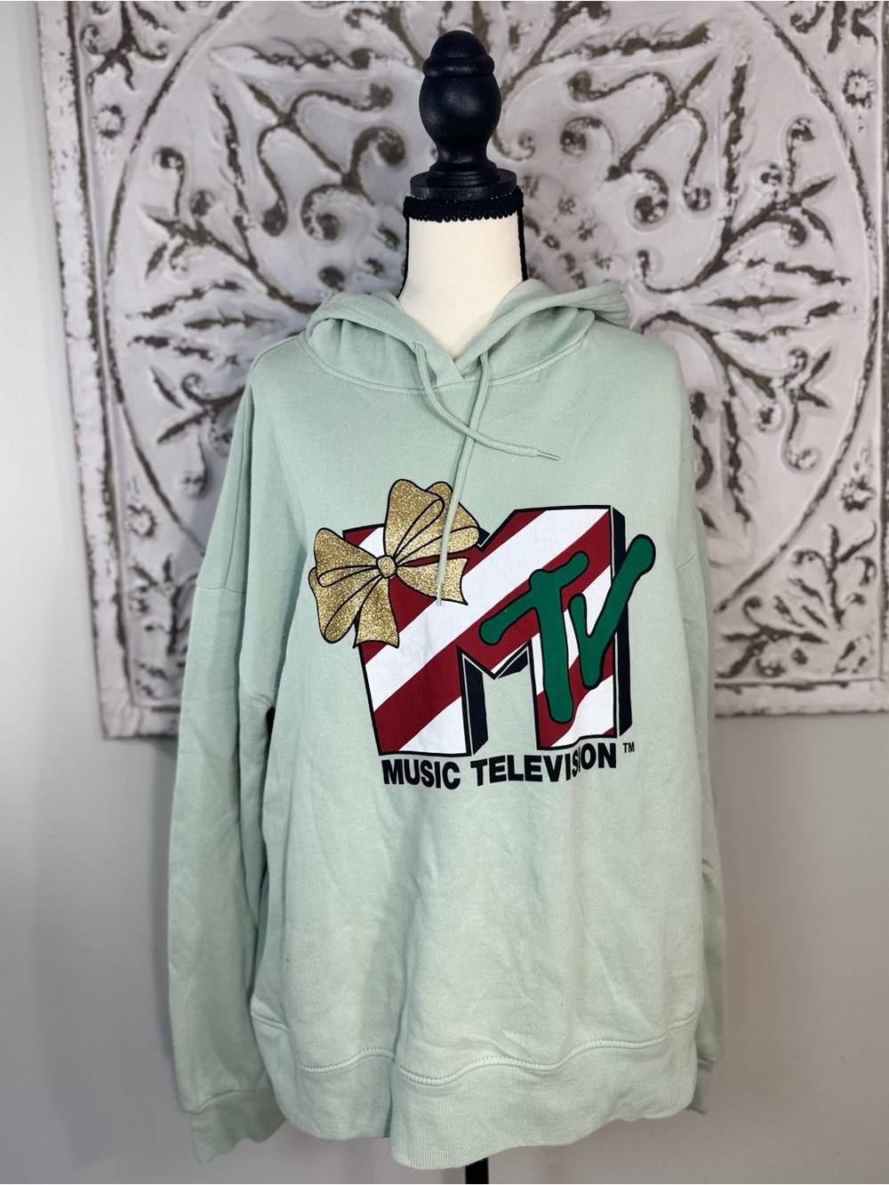 NWT MTV Christmas Holiday Hoodie XXL Aqua Gray Candy Cane Logo Gold Glitter Bow